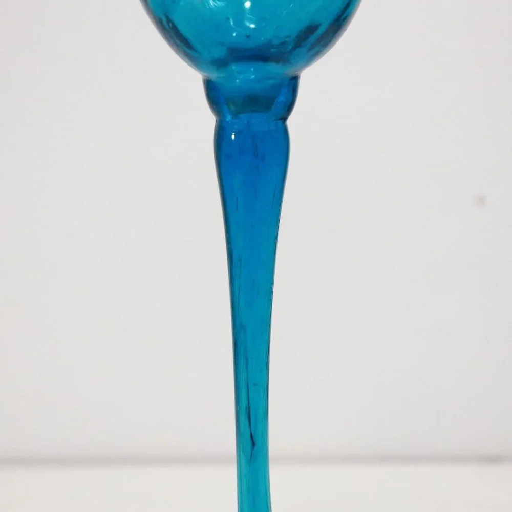 1950s Mexican Avalos Teal Blue Bubble Glass Stemware Goblet 12.5